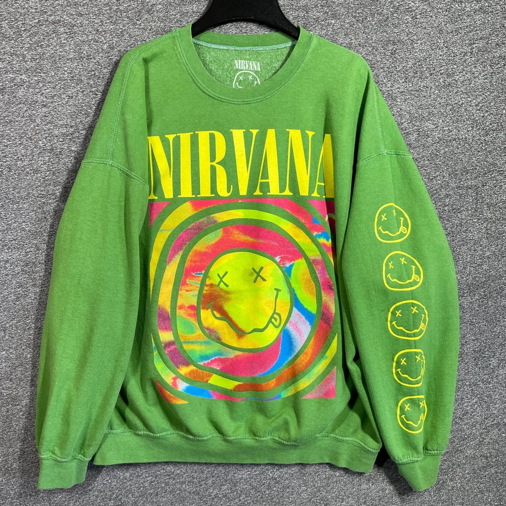 Nirvana Sweatshirt Smiley Face Graphic Green Tie Dye Logo L/XL Crewneck Mens